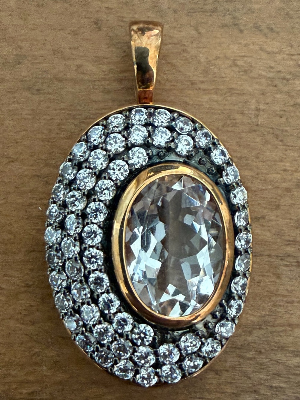 VINTAGE HN 925 TWO-TONE STERLING SILVER OVAL STATEMENT HALO PENDANT